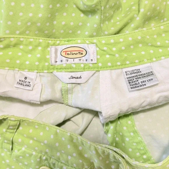 Talbots Petites Lime Green Polka Dot Cropped Capri Pants Size 8P Stretch - Picture 2 of 4